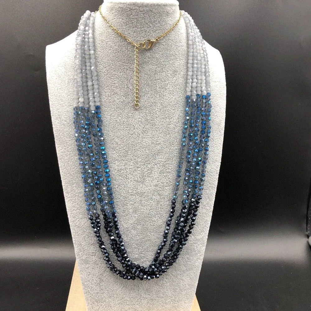 Glass Multi Strand Necklace Long Ombre Blue AB Faceted Bead Boho Gold Tone Chain
